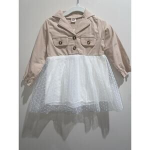 Baby Girl 18-24 Months Khaki Button Up Fall Winter Long Sleeve Dress White Mesh